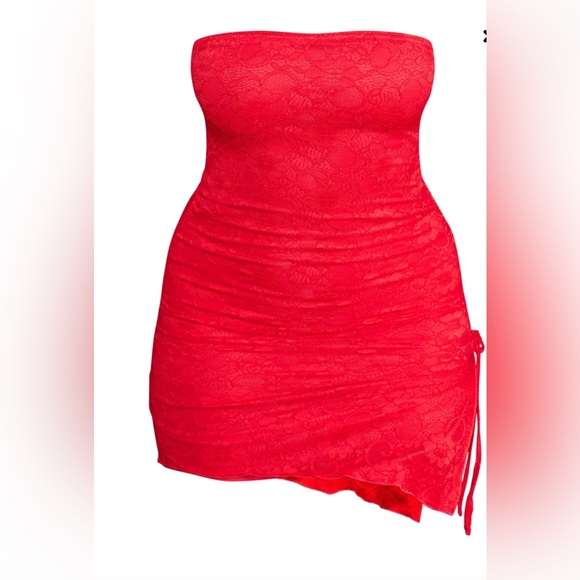 PrettyLittleThing Shape Bright Red Lace Ruched Side Mini Dress Size 6 NWT - Picture 4 of 7